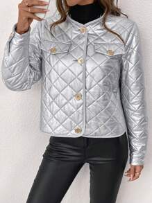 SHEIN Clasi Áo khoác chần bông tay dài thanh lịch mùa đông cho nữ ấm áp và thoải mái với chi tiết vạt lấp lánh màu bạc - Bạc - Xem 6