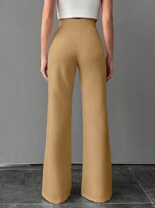 EURMUSE Women High Waist Solid Color Toothpick Striped Design Elegant Flare Pants - Camel - View 2