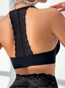 Women Solid Color Lace Patchwork Front Clasp Halter Bra - Black - View 2