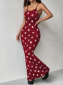 SHEIN Unity Váy tiên cá in hình bộ xương Halloween - Màu Đỏ Sâu - Xem 4
