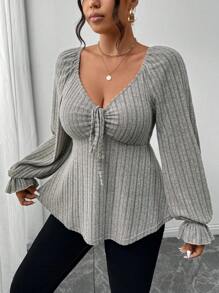 SHEIN Frenchy Quần áo dài tay thường ngày cỡ lớn cho nữ mùa thu, buộc ở ngực, vải mềm mại và thoải mái, áo phông đẹp cho mặc ở nhà và đi chơi, áo phông dài tay cổ hình trái tim màu trơn viền xếp nếp - Xám - Xem 6