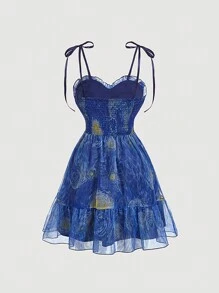 SHEIN MOD 加大码复古宫廷风格海军蓝梵高星空画印花女士连衣裙，适合舞会、派对、连衣裙套装 - 藍色 - 查看 6