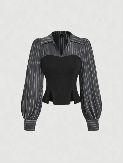 SHEIN MOD Elegant Striped Patchwork Cinched Waist Split Hem Blouse, Autumn