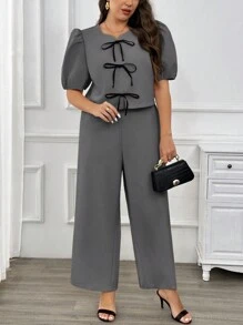 SHEIN Privé 2 件/套大码女式秋季短袖圆领黑色领带蝴蝶结简约而优雅的运动服套装，灰色新学院校园风格 - 灰色 - 查看 6