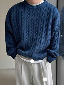 DAZY 1pc Men's Autumn Navy Blue Ribbed Twisted Flower Pattern Sweater - Blue - View 3