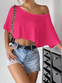 SHEIN EZwear Rose Pink Women's Oversized One Shoulder Turtleneck T-Shirt - Hot Pink - View 4