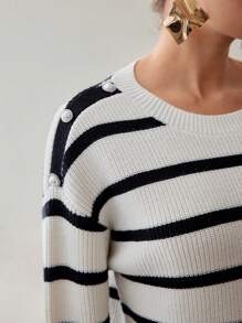 MOTF STRIPED PATTERN DROP SHOULDER OVERSIZE BUTTON DETAIL SWEATER WITHOUT BELT