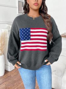 Calvaya 大码休闲美国国旗图案毛衣，秋冬针织套头衫 - 深灰色 - 查看 4