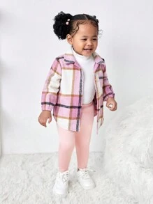 SHEIN 3-delige set met geruite babyjas voor meisjes, elastische taillebroek en witte gebreide basislaag, herfst/winter