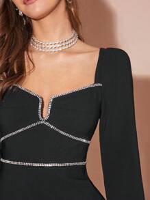 Enchnt Spring/Summer Romantic Women's Sexy Sweetheart Black Sparkling Rhinestone Decor Split Hem Short Party Dress,Sweet&Elegant Outfit For Sweet Date Night &Wedding Guest Dress Women &Holiday & Graduation Dress&Daily Commuting&Vacation&Garden Parties & Concert Outfit Women - Black - View 4