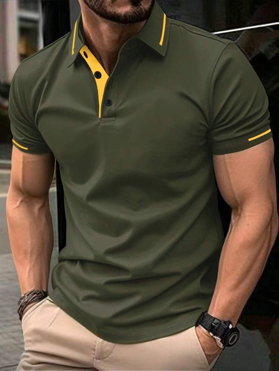 Manfinity Homme 男士拼色飾邊鈕扣休閒百搭短袖 Polo 衫,橄欖綠 Polo 衫,正式款 - 軍綠色 - 查看 1