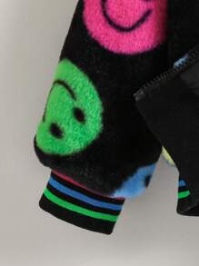 SHEIN Princess-Style Girls Long Sleeve Baseball Jacket,Multicolor Cartoon Happy Face Design,Autumn,Career Day,Fuzzy Fleece Coat For School & Everyday Wear - Black - View 3