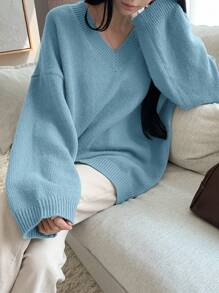 DAZY Women's Solid Color Loose V-Neck Long Sleeve Sweater, Casual Everyday Wear, Autumn/Winter,Fall Women Clothes