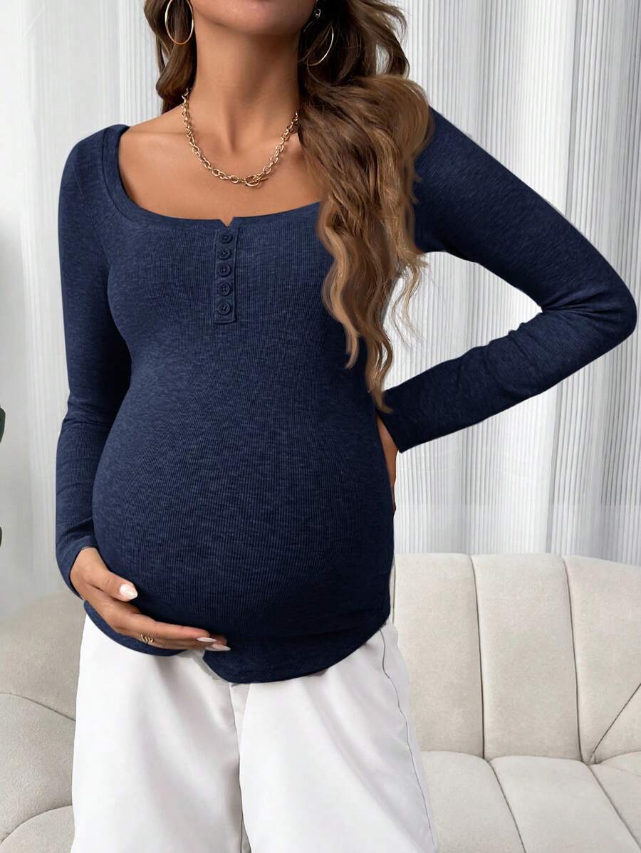 SHEIN 孕妇纯色纽扣圆领长袖修身 T 恤，秋冬 - 寶藍色 - 查看 1