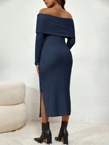 SHEIN 孕妇纯色露肩长袖侧开衩下摆优雅连衣裙，适合秋季，适合孕妇 - 藏蓝色 - 查看 2