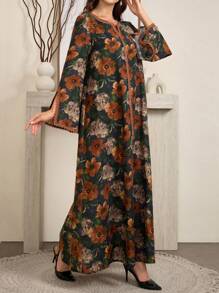 Al Najma 女士花卉印花缺口领长袖优雅阿拉伯朴素连衣裙 - 彩色 - 查看 5