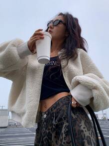 DAZY 1pc Women Plus Fleece Thick Solid Color Baseball Jacket, Warm For Winter,Fall Women Clothes - Beige - View 5