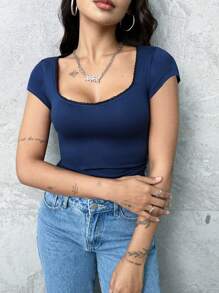 SHEIN EZwear Maglietta casual aderente semplice a maniche corte con collo a giro in tinta unita di moda per donna