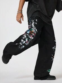 PAVTROS Manfinity Streetrush Men's Black Distressed Denim Wide Leg Jeans With Graffiti Print, Street Style Baggy Black Jeans, For Husband, Boyfriend Gifts