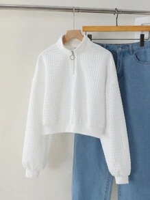 SHEIN Girlism Áo nỉ ngắn có khóa kéo cổ đứng dệt kim màu trắng trơn thường ngày dành cho bé gái tuổi teen - trắng - Xem 2