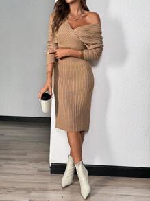 Chiquease Vestido jersey de manga larga con cuello en V cruzado de unicolor