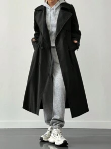 SHEIN EZwear 秋季防皱双排扣长款风衣 - 黑色 - 查看 1