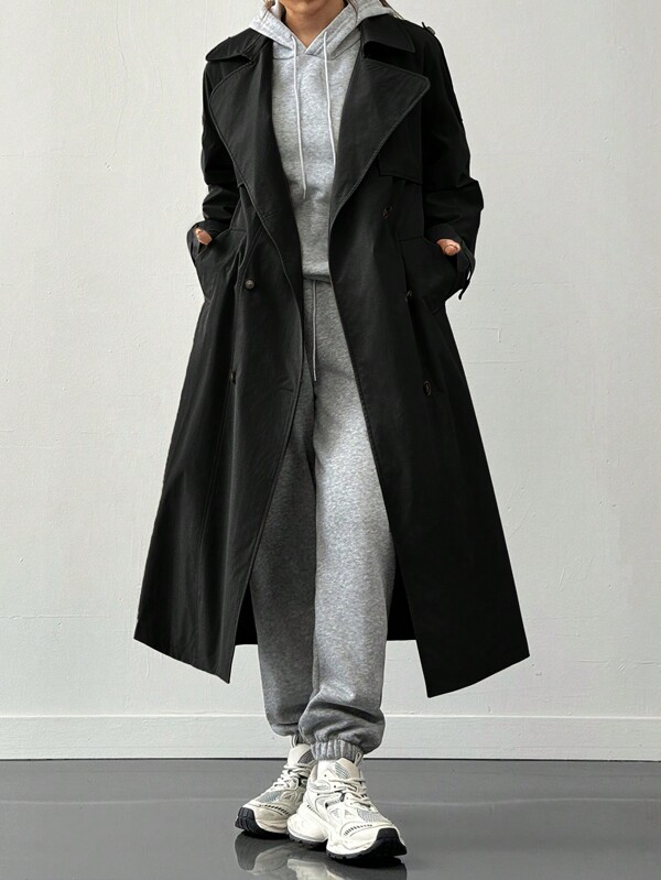 SHEIN EZwear Anti-Wrinkle Double-Breasted Long Trench Coat For Fall Outfit