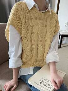 DAZY Women's Crew Neck Cable Knit Loose Cropped Vest - Apricot - View 5