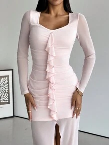 Firerie Elegant Floral Decor Ruched Sheer Bodycon Midi Dress For Women, Suitable For Ball Party & Dance, Summer/Autumn