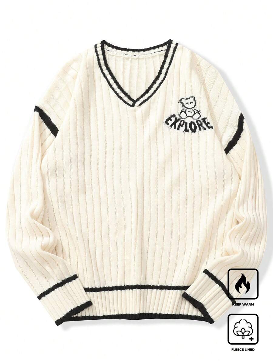 Chillumni Men's Casual Colorblock Striped Cartoon Pattern Sweater For Spring & Autumn - Khaki - View 1