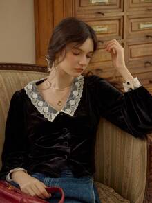 Simple Retro Women's V-Neck Lace Patchwork Colour-Blocked Velvet Shirt - Black - View 5