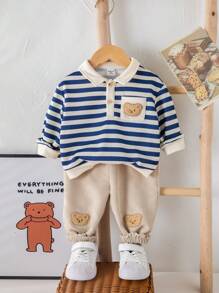SHEIN 2 pezzi/Set Autunno Inverno Neonato Maschio/Femmina Camicia Polo a Righe Stile College Confortevole e Morbida e Pantaloni Lenti in Pile con toppe Decorativa di Orso cartoni animati