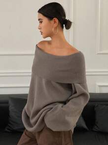 DAZY 1 Áo len dài tay trễ vai màu trơn rộng rãi cho nữ, Quần áo mùa thu cho nữ - Xám - Xem 5