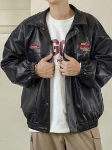 DAZY Men Letter Print Black Leather Jacket, Autumn - Black - View 9