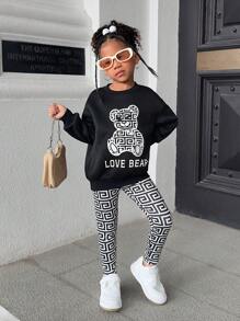 SHEIN Young Girl Sports Casual Knit Crew Neck Pullover Sweatshirt Set - Black and White - View 4