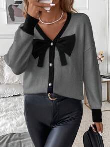 SHEIN Clasi Women Classic Black And White Color Contrast Front Bow Design Elegant Cardigan Sweater, Winter - Grey - View 3