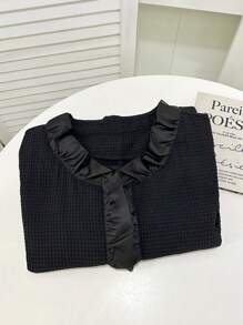 Chiquease Waffle tricô patchwork solto ajuste babado decoração jaqueta feminina, moda outono outerwear - Preto - Ver 8