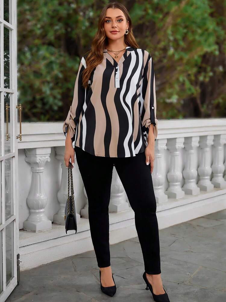 Plus Size Women Buttoned Front Long Sleeve All Over Print Casual Blouse, Autumn,Spring/Summer/Vacation