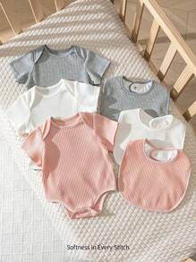 Cozy Pixies 6pcs/Set Newborn Baby Girl/Boy Solid Color Ribbed Soft Round Neck Short Sleeve Romper With Bib, Suitable For Baby Shower, Party, Gift, Newborn - Pink - View 3