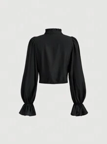 SHEIN MOD Black Ruffled Long-Sleeved Shirt With Big Bow - Black - View 2