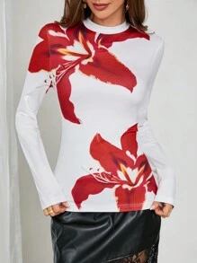 SHEIN Clasi Blumenmuster bedrucktes, verdicktes Basic T-Shirt, geeignet für viele Gelegenheiten im Herbst/Winter