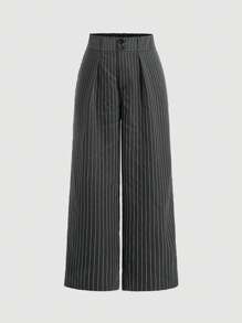 SHEIN MOD Women Plus Size Casual Striped Wide Leg Pants, Suitable For Spring & Autumn Outdoor Wear - Black - View 1