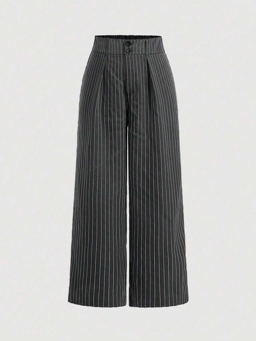 SHEIN MOD Women Plus Size Casual Striped Wide Leg Pants, Suitable For Spring & Autumn Outdoor Wear - Black - View 1