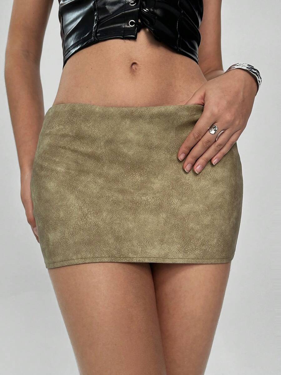 Aloruh 女士复古纹理 PU 皮革迷你裙，性感时尚 - 卡其色 - 查看 1