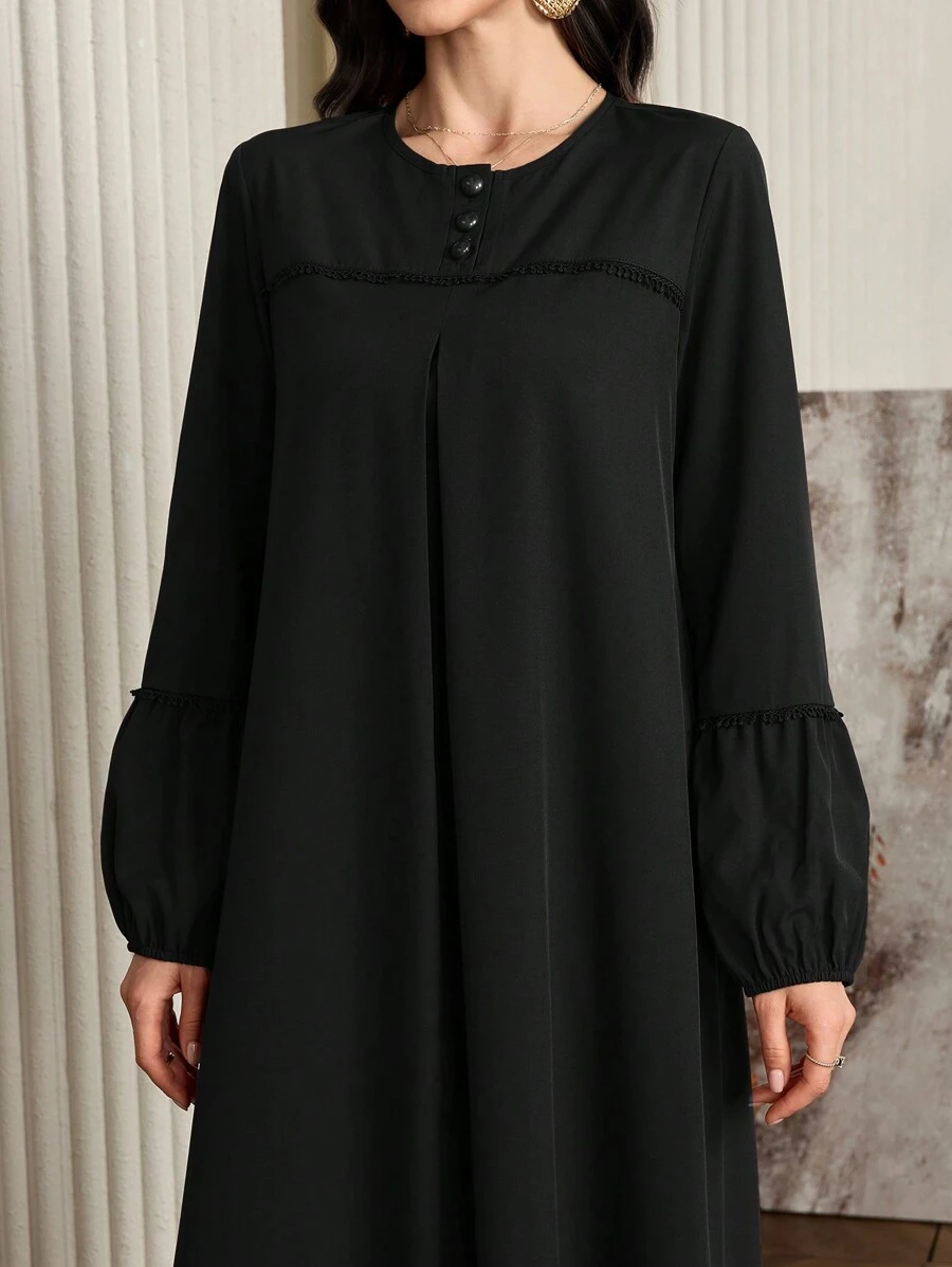 Al Najma Women Solid Color Button Decorated Half-Placket Lantern Sleeve Elegant Arabian Dress, Casual Modest Long Sleeve Tunic Maxi Arabian Dresses, For Casual Daily/Homewear