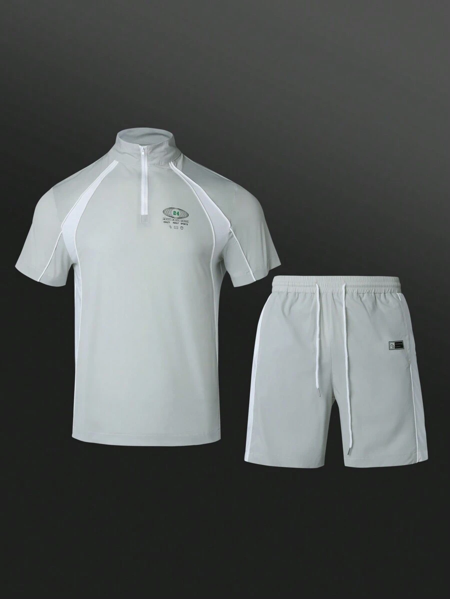 Manfinity Sport Corelite Boyfriend Style Men's Solid Color Zipper Front Short Sleeve Top And Shorts Casual Sports Suit Set