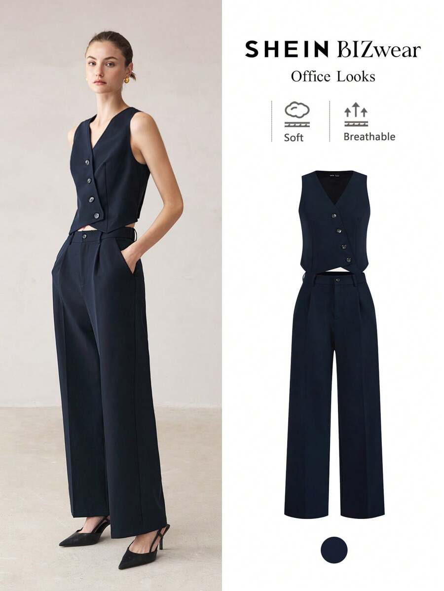 BizChic Conjunto de traje azul elegante y formal para mujer, conjunto de negocio grueso para uso en la oficina, fiesta de Navidad y vacaciones, ropa de otoño e invierno - Azul Marino - Ver 1