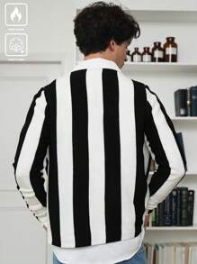 Manfinity Hypemode Men's Casual V-Neck Button-Front Long Sleeve Striped Cardigan, Autumn/Winter - Black and White - View 5