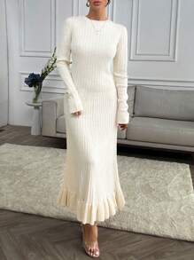 EURMUSE Elegant Raffle Detail On The Hem Crew Neck Rib Knit Maxi Sweater Dress - White - View 6