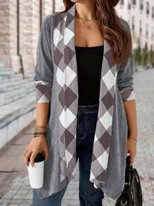 EMERY ROSE Chaqueta casual de manga larga con estampado a cuadros para mujeres de talla grande